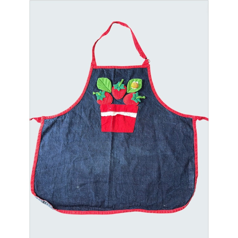 Vintage‎ House of Hatten Denim Strawberry Apron Red Polka Dot 3D Applique Bee